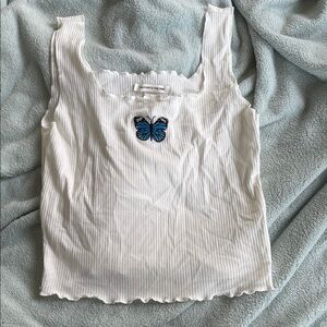 Caution To The Wind White Ribbed Tank with Blue Butterfly Patch